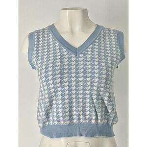 Women's Pastel Baby‎ Blue Houndstooth cropped Sweater Vest  Knit Small White